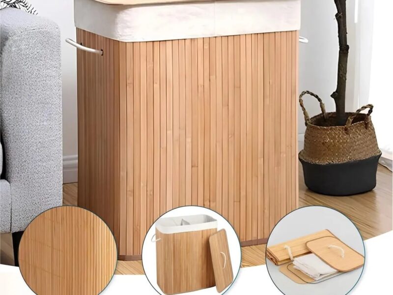 Cesto De Roupa Suja De Bambu Com Tampa E Alças 70 Litros Bege Liso