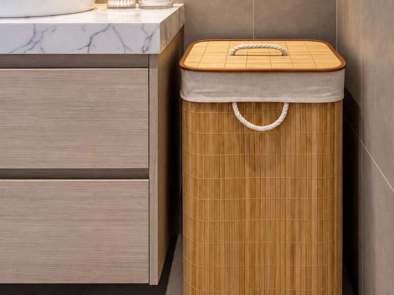 Cesto de Roupa Bambu Retangular de 72L com Tampa e Forro de Linho