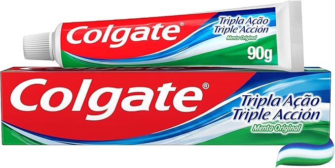 Colgate Creme Dental Tripla Ação Menta Original 90g, Embalagem Individual, Pasta De Dente Com Flúor, Proteção Total Para Você E Sua Família, Ajuda A Remover As Manchas Amarelas, Hálito Refrescante