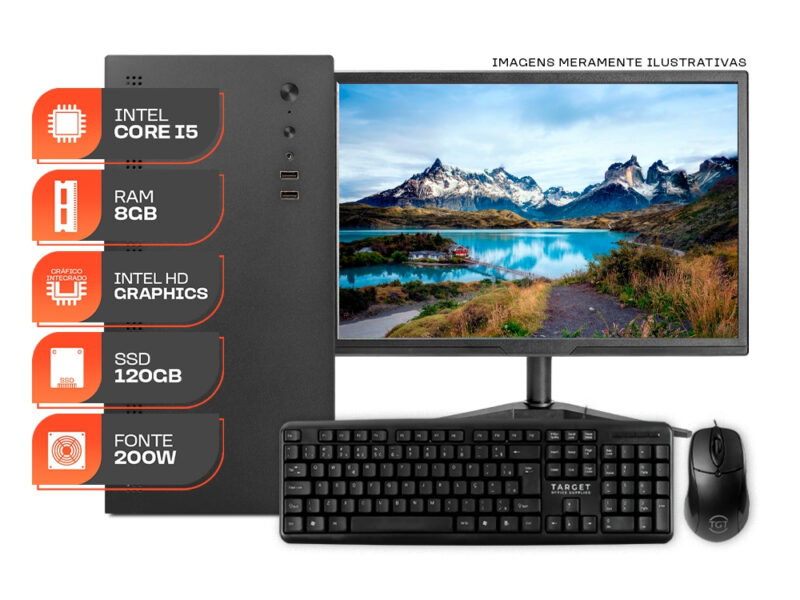 Computador Home Essential S, Intel Core i5, 8GB DE RAM, SSD 120GB, Completo com Monitor e Periféricos