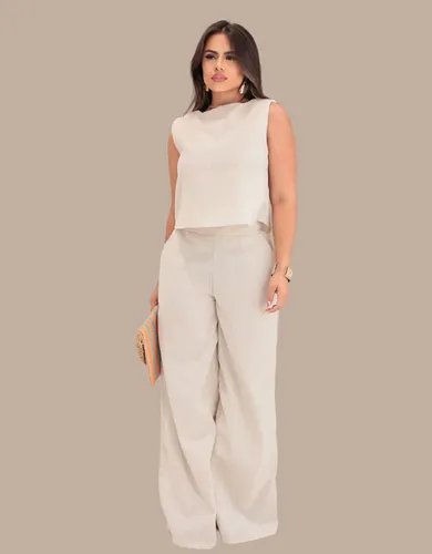 Conjunto Feminino Blusa Com Calça Pantalona Em Linho