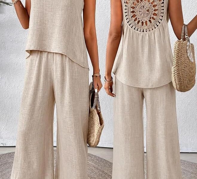 Conjunto de 2 peças de linho feminino de verão, sem mangas, renda de crochê, costas vazadas e calça larga para uso diário na praia