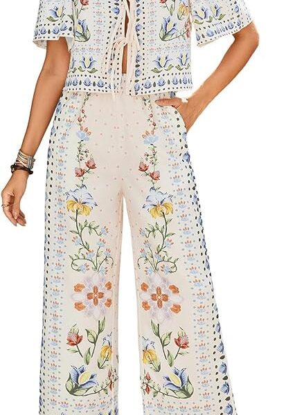 Conjunto feminino de 2 peças com calça floral, blusa e calça de manga curta