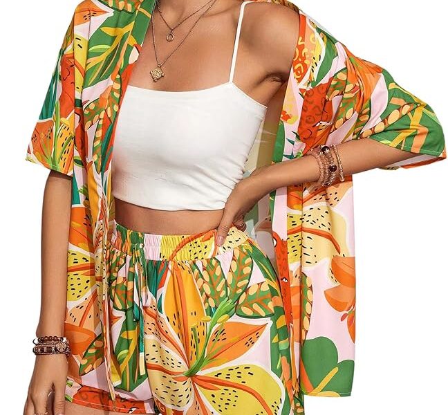 Conjunto feminino de verão havaiano, 2 peças, estampa tropical, quimono, camisa e shorts, roupa de cruzeiro de praia