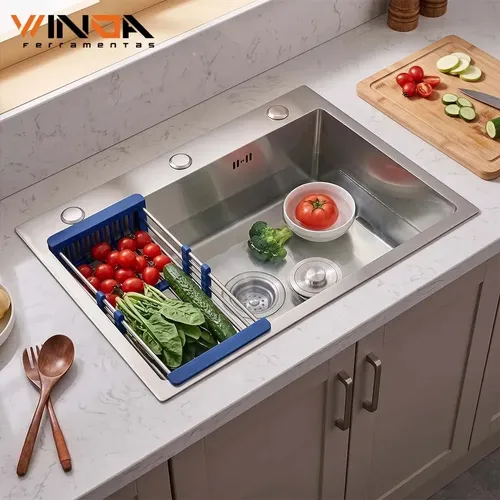 Cuba Gourmet Cozinha 60x45cm Aço Inox Escovado com Escorredor Regulável e Dispenser de Detergente Winda