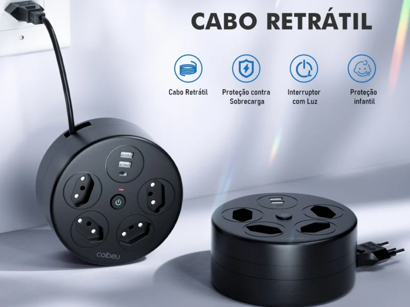 Extensão com cabo retrátil, 4 Tomadas, 1 USB‑A, 1 USB‑C, 2200W, Cabo de alimentação retrátil de 1,8 m, Extensão elétrica