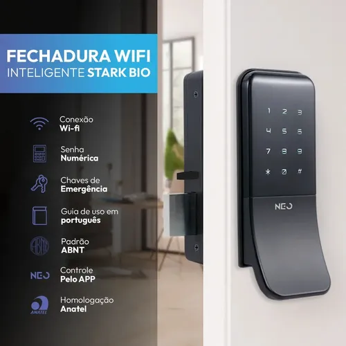 Fechadura Digital Inteligente Stark Sobrepor Wi-FI Biometria Preto Cod: 360535871 Neo Avant