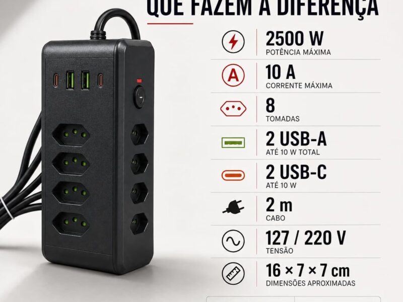 Filtro de Linha Torre de Tomadas, 8 Tomadas + 2 USB-A + 2 USB-C, Formato Vertical Compacto, 2500W 10A, Cabo 2m, para Home Office e Setup