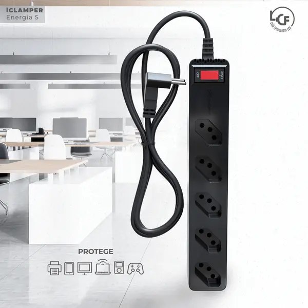 Filtro de Linha com Protetor de Surto DPS iClamper Energia 5 Tomadas 3 Pinos 10 Amperes com Tecnologia LCF Anti Raio Clamper Cor Preto
