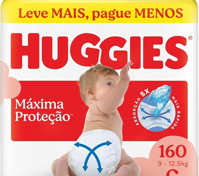 Fralda Descartável Huggies Máxima Proteção Tamanho G 160 unidades – aberta com tecnologia Xtra-Flex, canais em X que se adaptam aos movimentos e máxima proteção