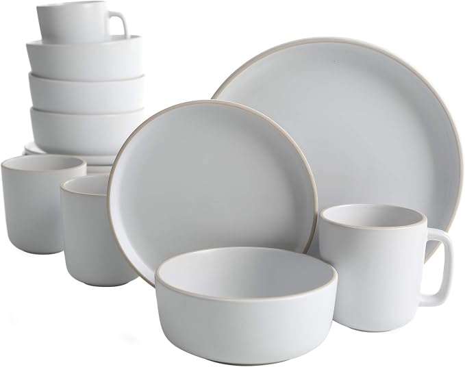 Gibson Home Zuma Conjunto de louça redonda de cozinha de 16 peças, pratos, pratos, tigelas, canecas, serviço para 4, grés fosco, branco