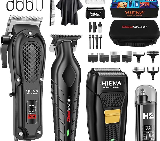 HIENA PRO Conjunto De Máquina De Cortar Cabelo Profissional Masculina, Máquina De Cortar Cabelo Sem Fio E Kit Aparador, Aparador De Barba E Pelos Do Nariz Elétrico, Barbeador Elétrico Com Lâmina