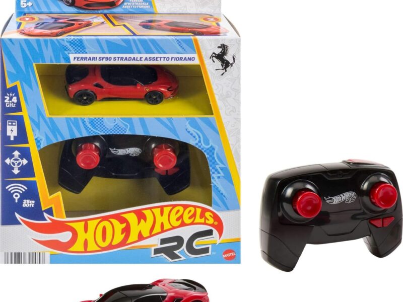 Hot Wheels RC Ferrari SF90 Stradale Assetto Fiorano brinquedo telecomandado em escala 1:64, correr dentro e fora da pista, botão de aceleração para aumentar a velocidade, JGD09