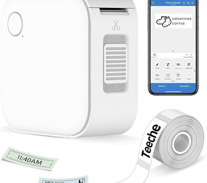 Impressora Térmica Portátil de Etiquetas, Bluetooth, 15mm Largura, Bateria 1000mAh com App e Rolo de Etiqueta, Branca (Impressora + Rolo de Papel)