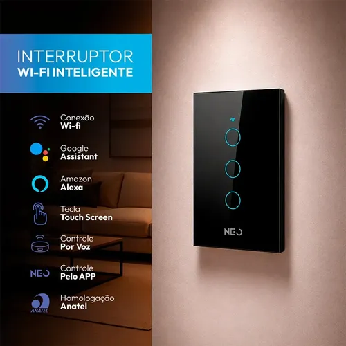Interruptor Inteligente Wifi 4×2 Touch 3 Botões Alexa Google Cor Preto NEO by Avant