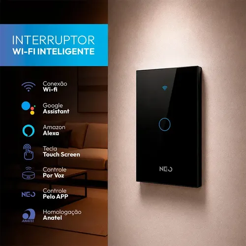 Interruptor Smart Inteligente Wi-fi 2.4 GHz Alexa google 1 Botão 4×2 Bivolt Preto Cod: 291990365 Neo Avant