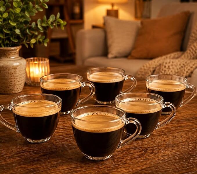 Jogo de Xícaras de Café em Vidro Transparente, 90ml, com Alça Ergonômica, para Expresso e Cappuccino, 6 Peças