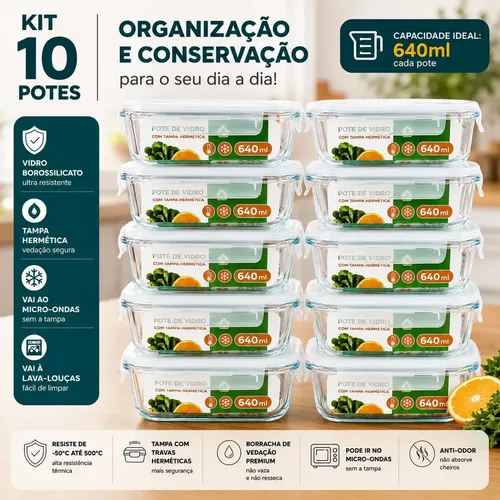 Kit 10 Potes Herméticos De Vidro 640ml Haushop Tampa Vedação Firme Para Geladeira E Despensa Organização Da Cozinha na Meli por R$ 76,62