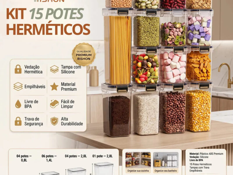 Kit 15 Potes Hermético Cadencia Mantimentos Retangular Cozinha Branco Rishon 22,4 Litros