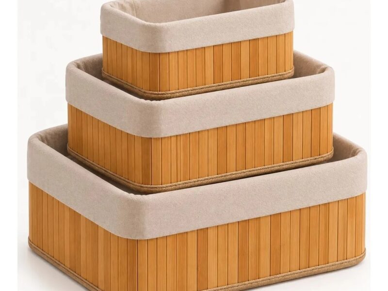 Kit 3 Cestos Organizadores De Bambu Retangulares Com Forro na Meli por R$ 33,85
