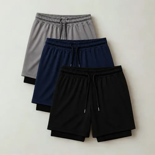 Kit 3 Shorts 2 Em 1 Duplo Academia Treino Corrida Bermuda