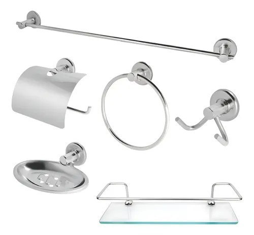 Kit Acessórios Banheiro Inox 5peças + 1 Porta Shampoo Reto Cor Prateado