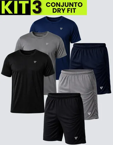 Kit Com 3 Conjuntos Academia Masculino Dry Fit Shorts+camisa