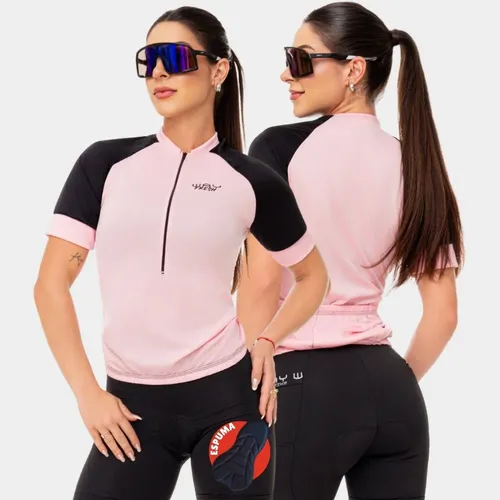 Kit Mulher Camisa Ciclista + Short Bike Acolchoado Roupa Uv