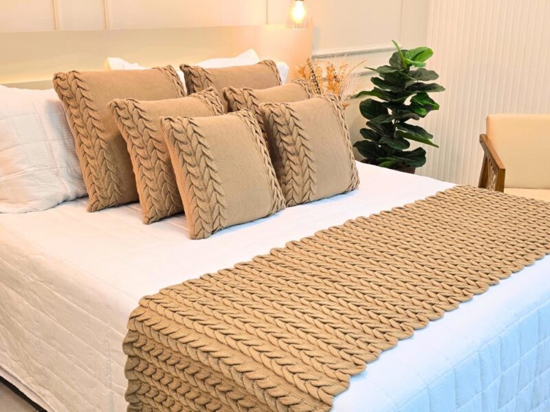 Kit Peseira Manta Tricot Sofá Cama Casal Queen King Aconchego Home Decor + 2 Capas Almofadas