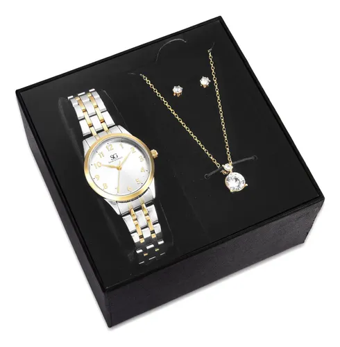 Kit Relógio Colar e Brincos Ponto De Luz Dourado e Prateado Feminino Luxo Saint Germain 28mm