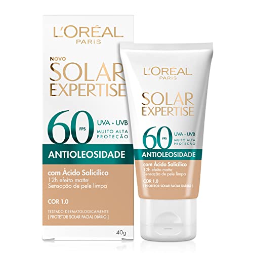 L’Oréal Paris Solar Expertise Antioleosidade, Protetor Solar Facial com FPS 60, 12h de Efeito Matte com Ácido Salicílico, Cor 1.0, 40g