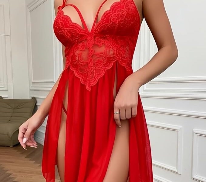 Lingerie sexy feminina de renda com alça e gola V, roupa de dormir, malha com fenda lateral
