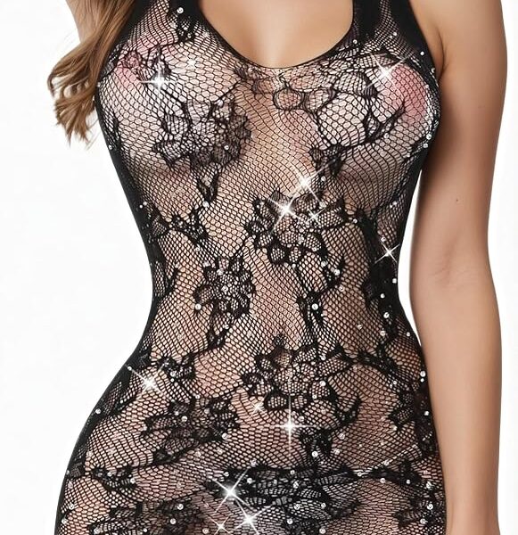 Lingerie sexy floral arrastão Babydoll – Chemise de malha transparente, mini roupa de dormir para mulheres