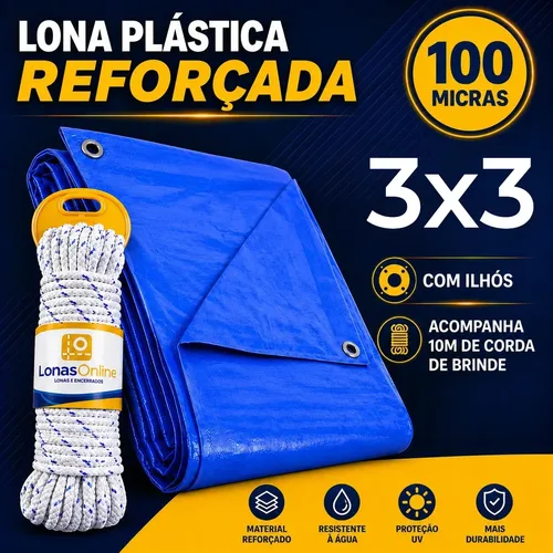 Lona Azul 3×3 Com Corda Impermeável Lonas Online Reforçada