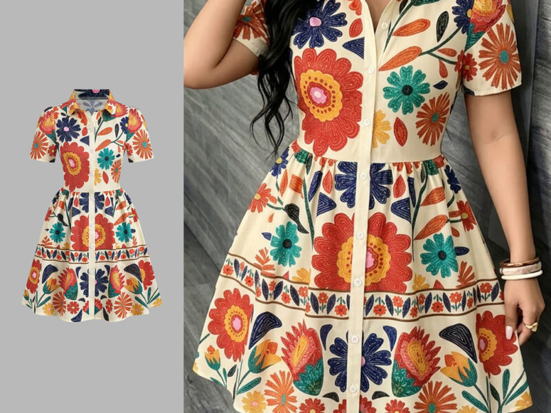 Lovito Vestido Casual Feminino com Botão Frontal Estampado Primavera/Verão LK7AD081