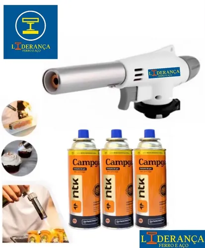 Maçarico Profissional Universal Multiuso Gourmet Portátil Com Regulagem De Chamas Kit Completo Com 3 Refil Para Chef De Cozinha Confeiteiro Flambar Solda Marca – Liderança Ferro E Aço