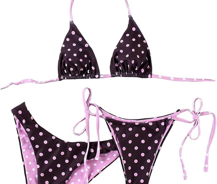 Maiô feminino de 3 peças, de bolinhas, triângulo, frente única, frente única