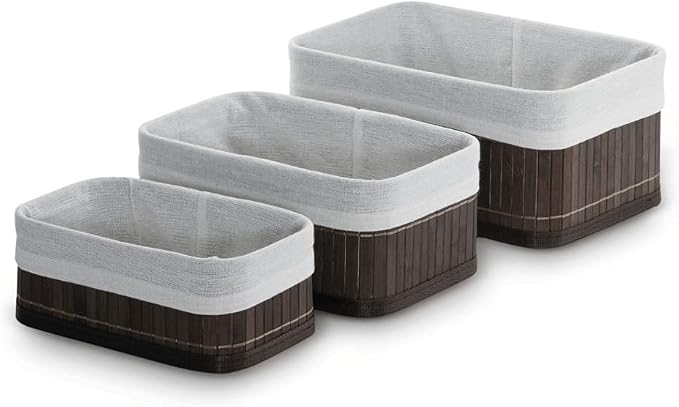 Mimo Style Jogo de 3 Cestos Organizadores Bambu na Cor Escura, Material Bambu, Madeira, Ferro e Algodão, Ideal para Organizar Seus Objetos Como: Livros, Revistas, Jornais, Além de Decorar Ambientes