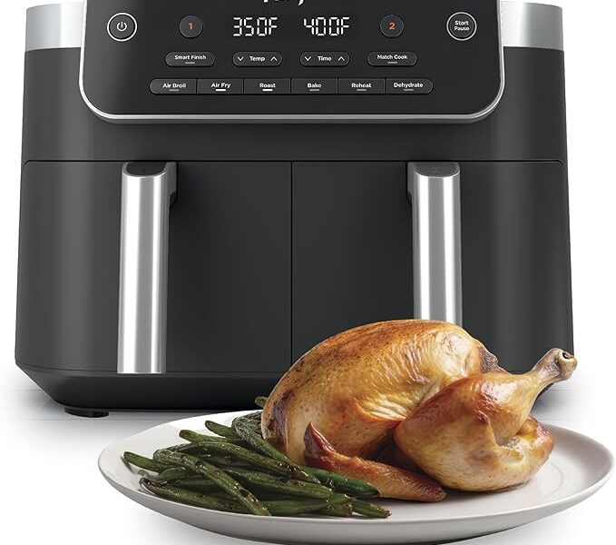 Ninja DualZone Air Fryer com 2 cestos, 8 litros, acabamento inteligente e combo Cook, 6 funções de cozimento, cozinhe 2 alimentos de 2 maneiras e finalize ao mesmo tempo, cinza, DZ801