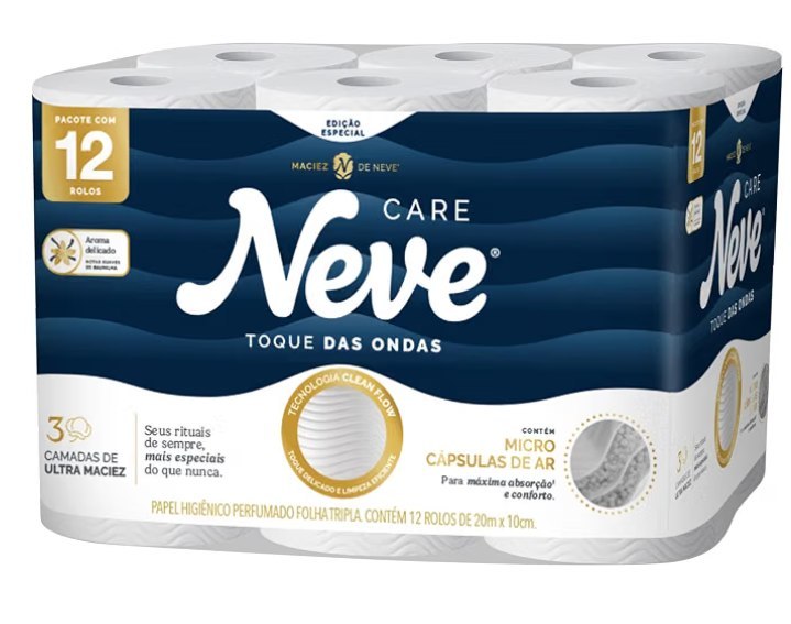 Papel Higiênico Neve Toque das Ondas Folha Tripla 12 rolos 20M