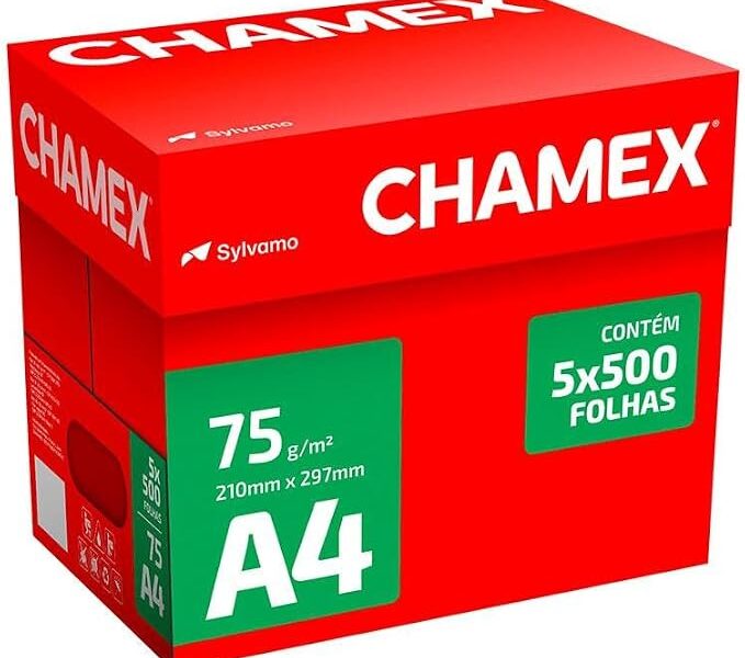 Papel Sulfite, Chamex, A4, 75 Gramas, Branco, Caixa com 5 Pacotes de 500 Folhas