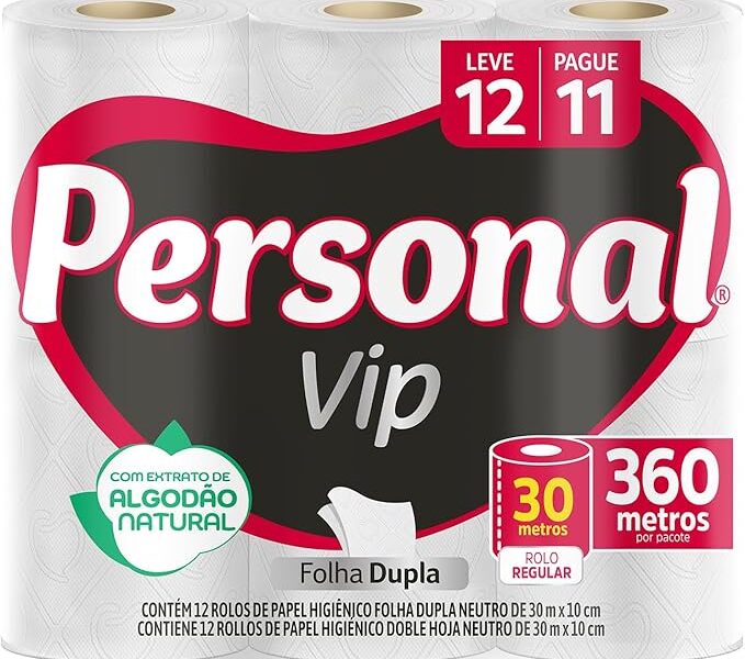 Personal VIP – Papel Higiênico, Folha Dupla, 12 unidades (Embalagem pode variar)