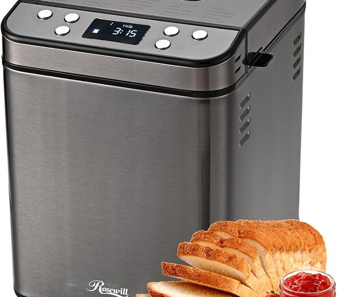 Rosewill Máquina de fazer pão automática, 25 em 1 com 3 tamanhos de pão, até 2 libras (700 W), alta potência, aquecimento duplo, com revestimento antiaderente sem BPA, temporizador