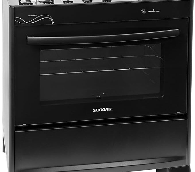 SUGGAR FOGÃO NEO GLASS PRETO MESA DE VIDRO 5 BOCAS TREMPE 6 APOIOS ACENDIMENTO AUTOMÁTICO FGVNG510PT