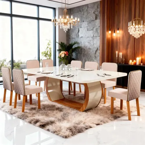 Sala De Jantar 220×110 Stone 8 Cadeiras Ayla Bom Pastor Nogal/off Bp Linho Off