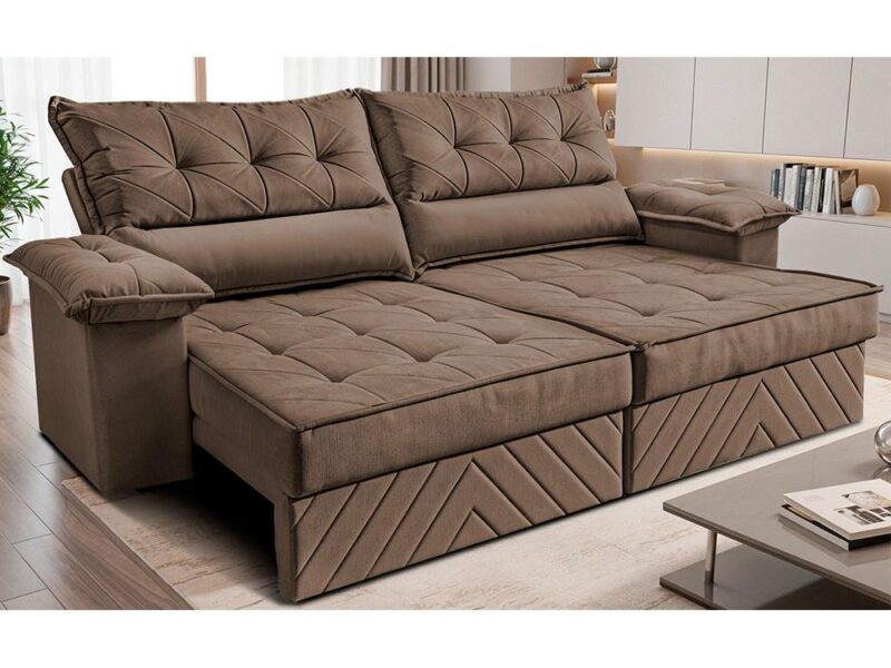 Sofá Retrátil e Reclinável 3,00m com Molas e Espuma D33 Thunder Velusoft Castor Cama inBox