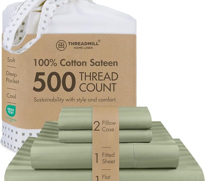 Threadmill 500 fios queen size damasco listrado, conjunto de cama de algodão luxuoso de 4 peças, lençóis de seda verde sálvia suave com bolso profundo elástico de 41 cm, 2 fronhas e bolsa de mão