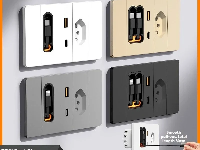 Tomada de Parede Tipo 118 Padrão Brasileiro com Cabo Retrátil, Carregamento Rápido USB 20W, Tomada Múltipla Tipo-C para o Mercado