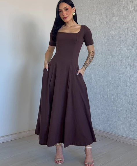Vestido Rodado Com Manga e Bolso 100% Algodão Premium Casual Elegante Feminino Festas Eventos Igreja