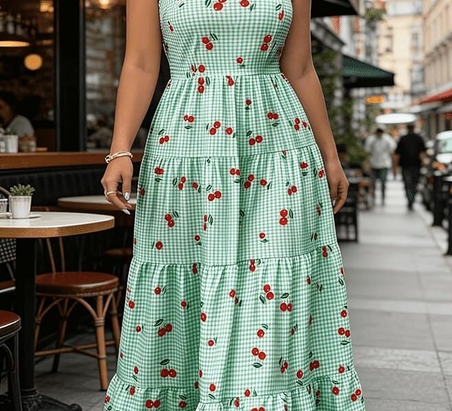 Vestido feminino com estampa de cereja verde guingão, decote quadrado, sem mangas, em camadas